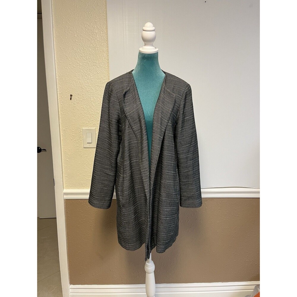 Eileen Fisher Women's Sz L Jacket Open Herringbone Lined Long Cotton Gray Black